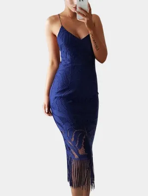 Wholesale Blue Deep V Neck Sleeveless Tassel Lace Tassel Hem Sexy Dress