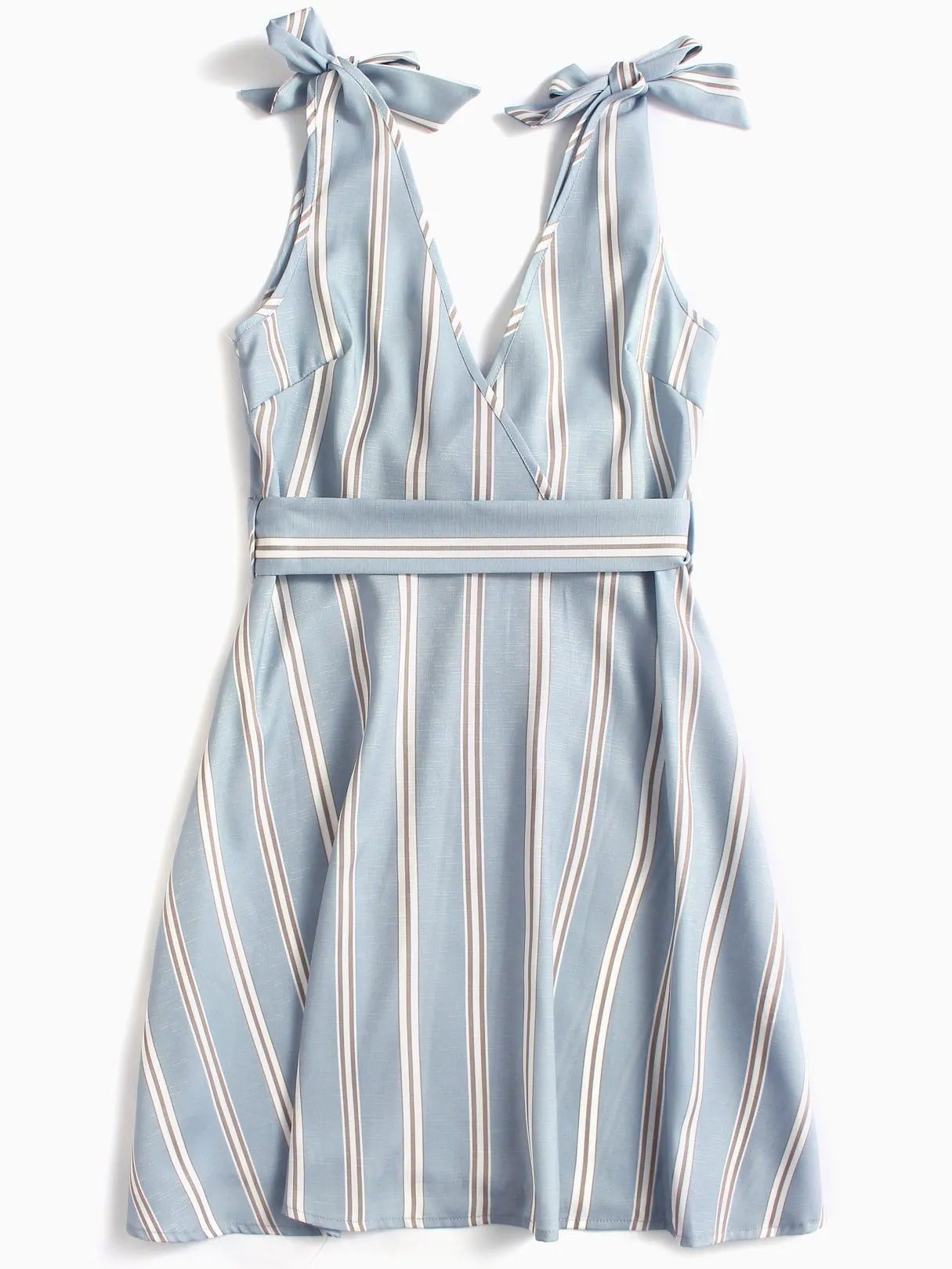 Wholesale Blue V-Neck Stripe Lace-Up Belt Wrap Sexy Dress