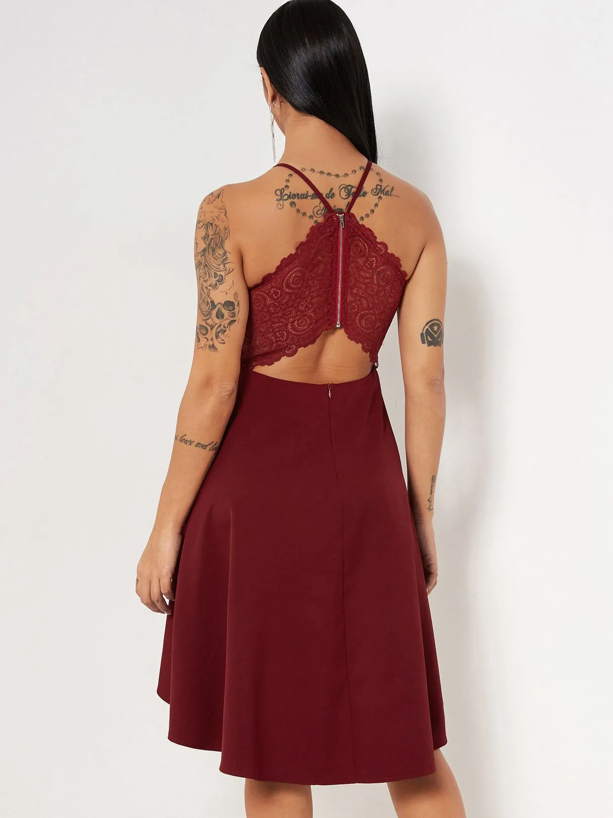 Wholesale Burgundy Halter Sleeveless Plain Lace Cut Out Sexy Dress