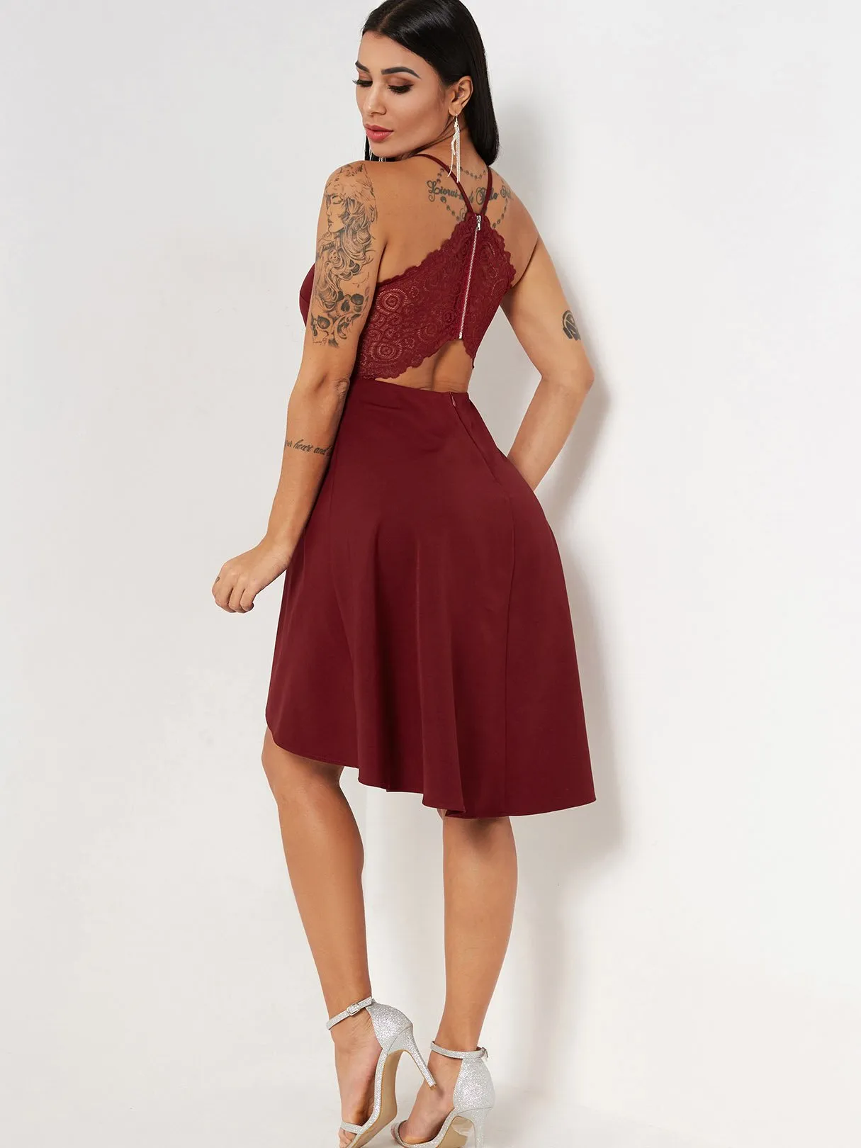 Wholesale Burgundy Halter Sleeveless Plain Lace Cut Out Sexy Dress