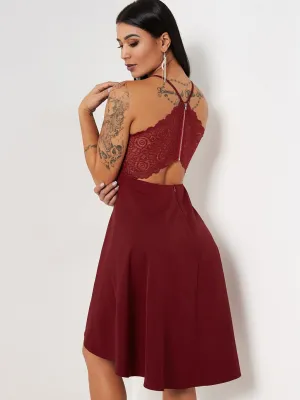 Wholesale Burgundy Halter Sleeveless Plain Lace Cut Out Sexy Dress