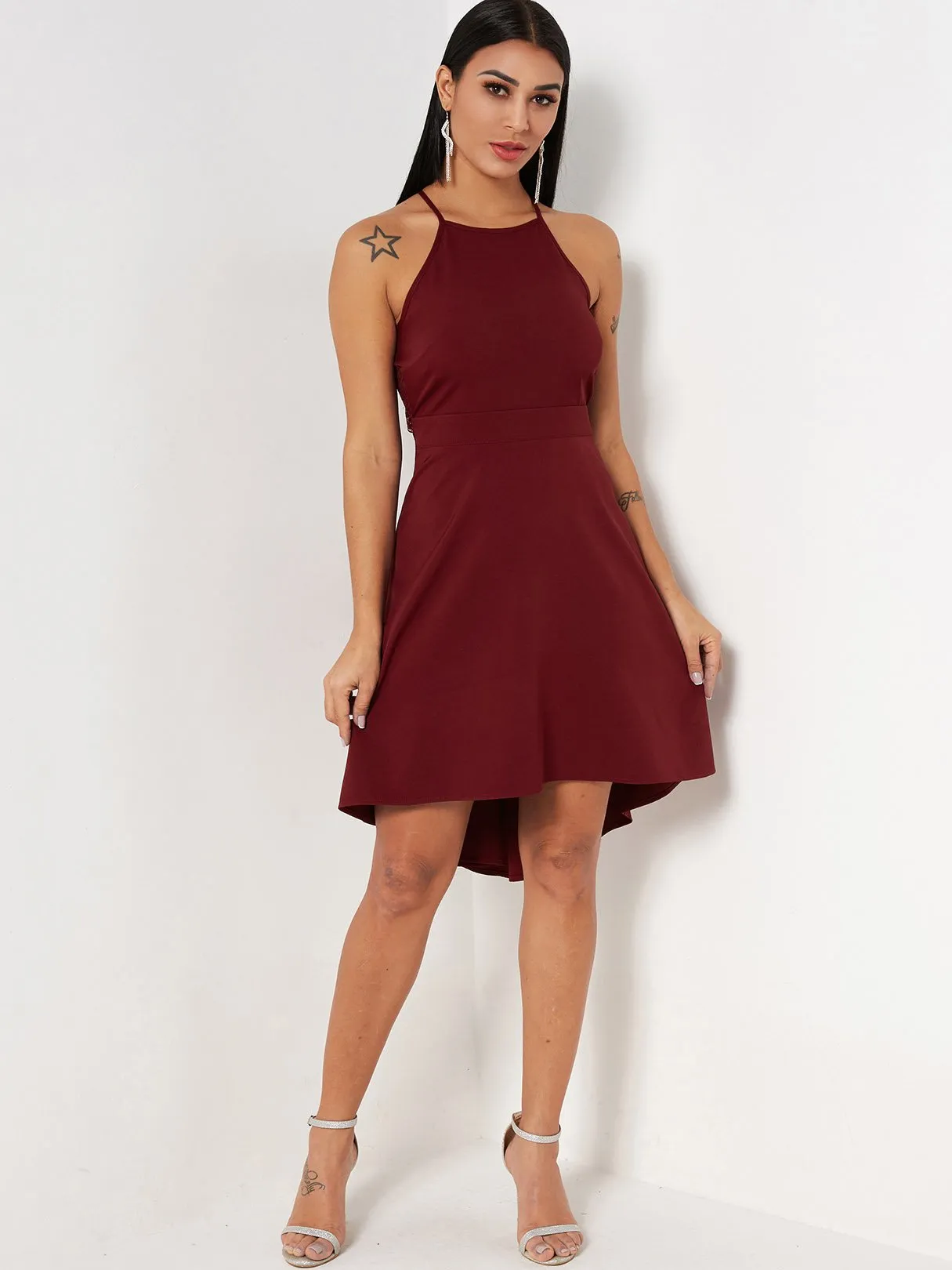 Wholesale Burgundy Halter Sleeveless Plain Lace Cut Out Sexy Dress