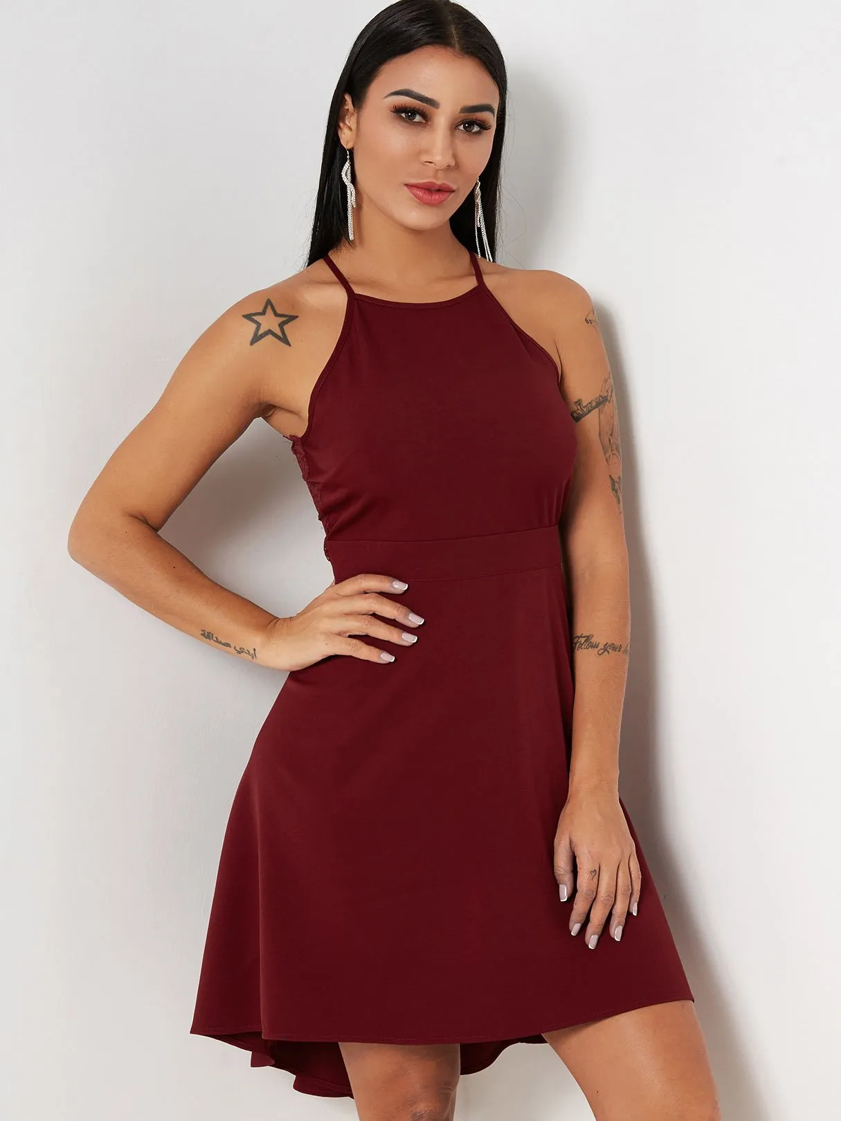 Wholesale Burgundy Halter Sleeveless Plain Lace Cut Out Sexy Dress