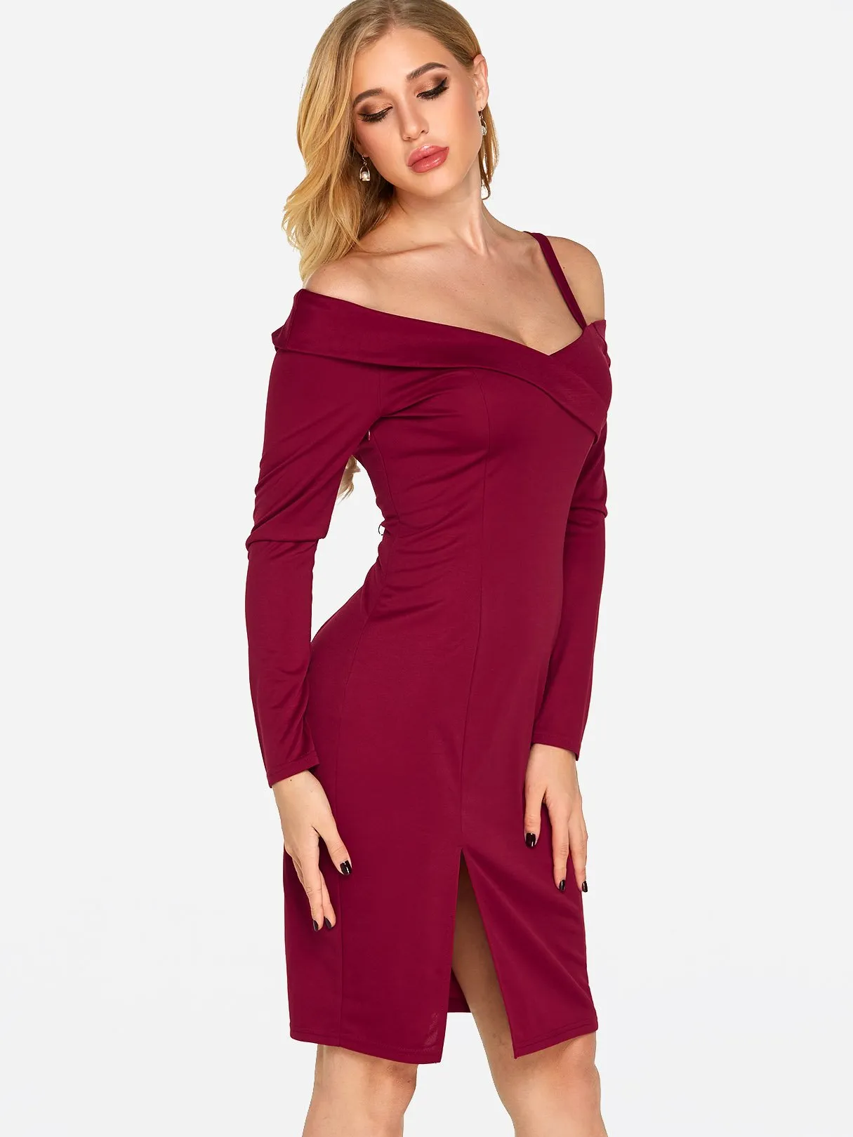Wholesale Burgundy V-Neck One Shoulder Long Sleeve Plain Slit Hem Sexy Dress