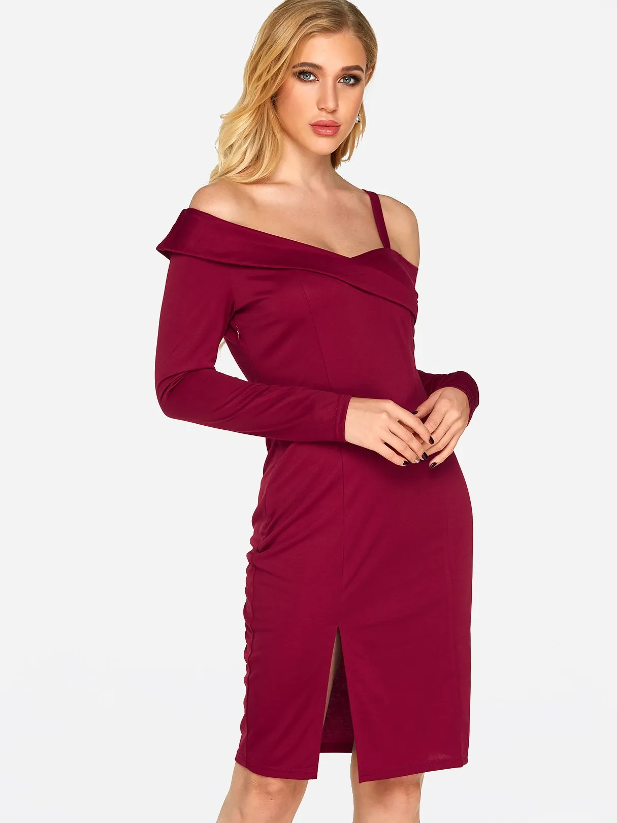 Wholesale Burgundy V-Neck One Shoulder Long Sleeve Plain Slit Hem Sexy Dress