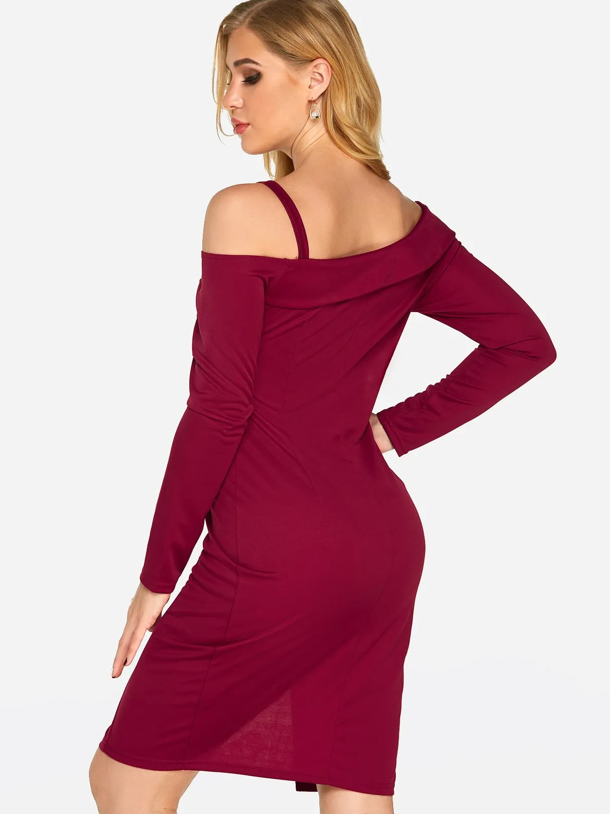 Wholesale Burgundy V-Neck One Shoulder Long Sleeve Plain Slit Hem Sexy Dress