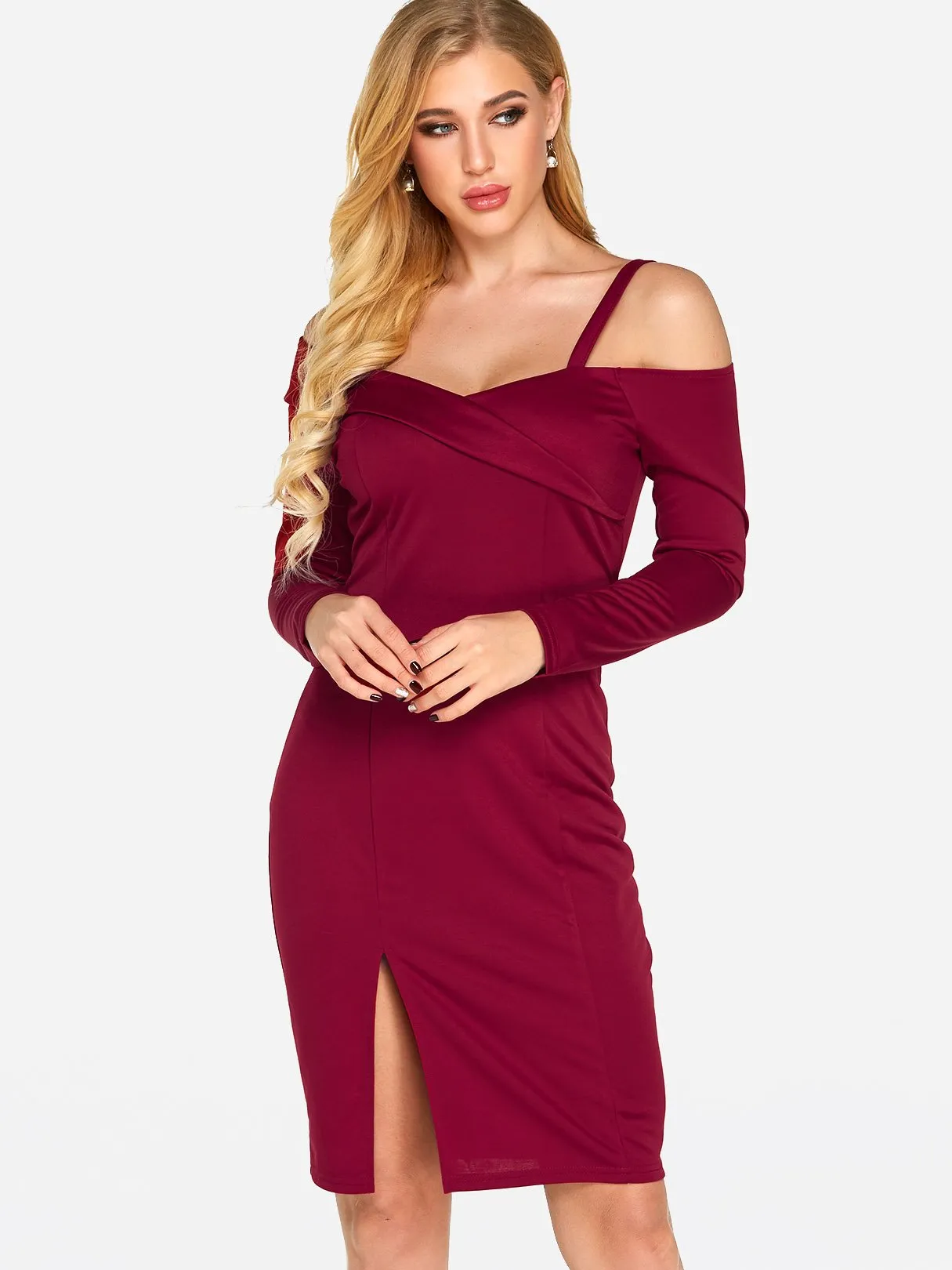Wholesale Burgundy V-Neck One Shoulder Long Sleeve Plain Slit Hem Sexy Dress