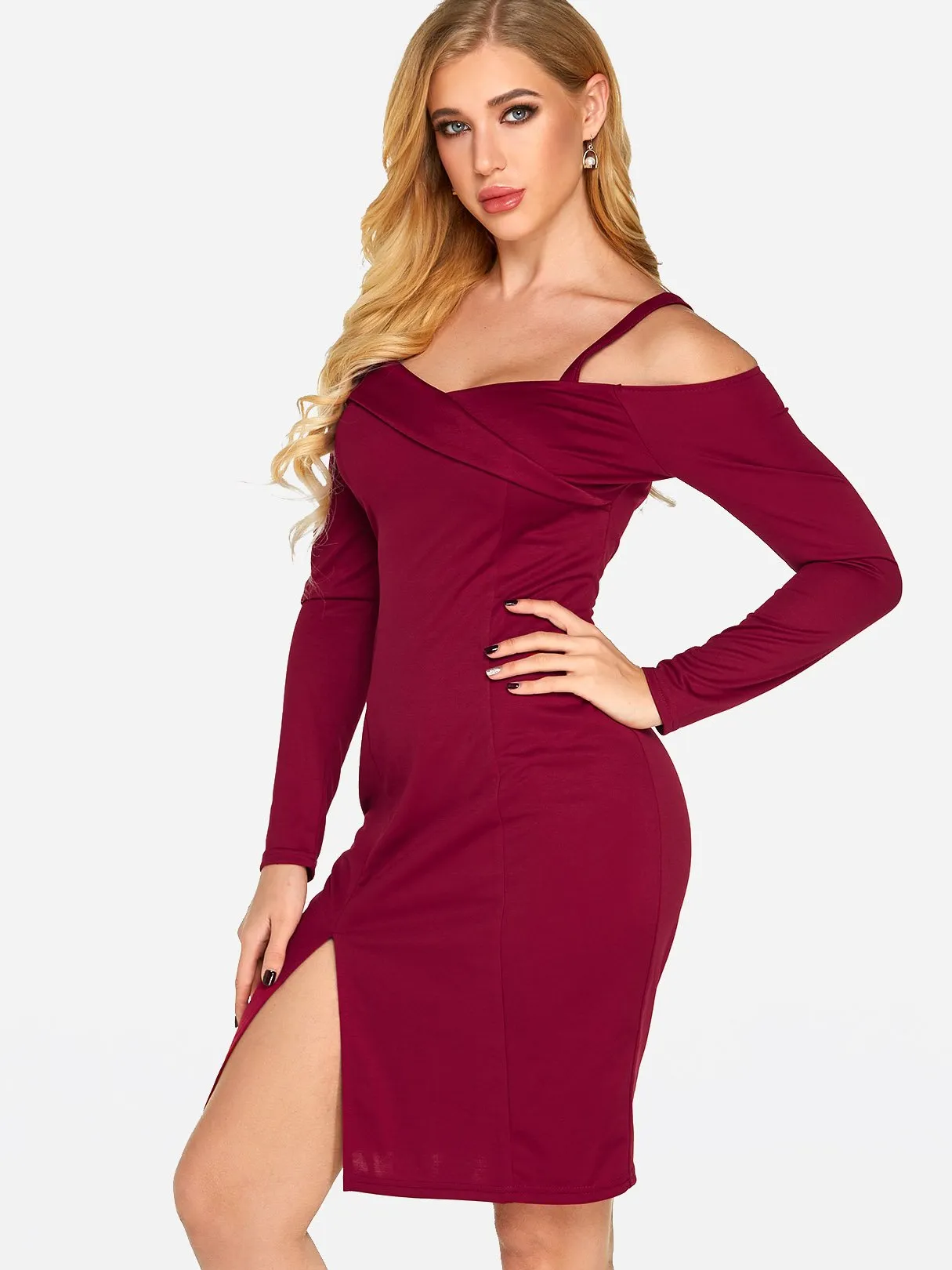 Wholesale Burgundy V-Neck One Shoulder Long Sleeve Plain Slit Hem Sexy Dress
