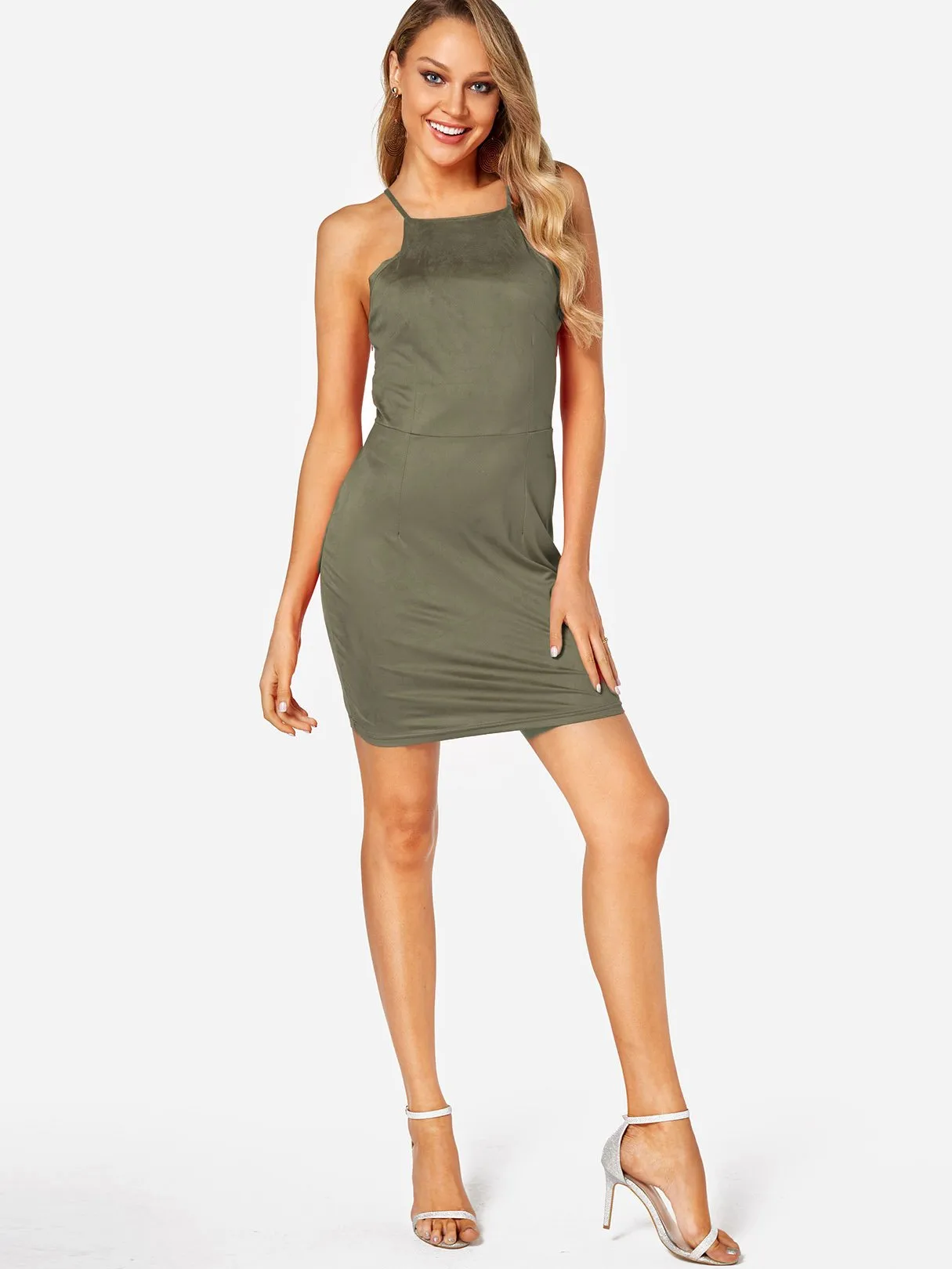 Wholesale Crew Neck Backless Lace-Up Sleeveless Bodycon Hem Green High-Waisted Sexy Dresses