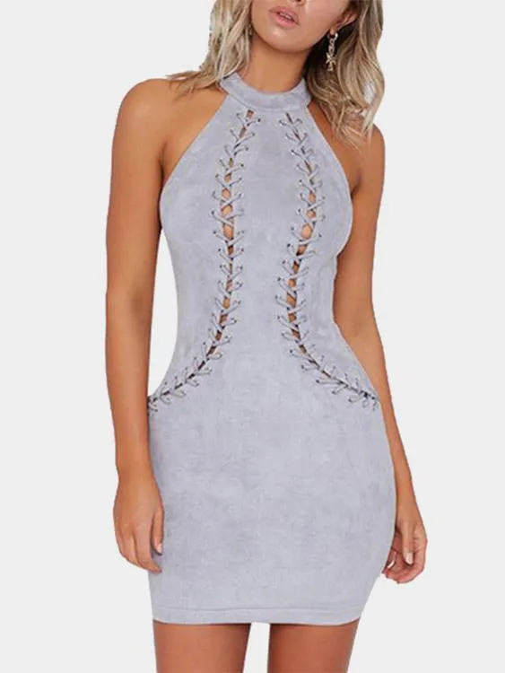 Wholesale Grey Halter Sleeveless Zip Back Lace-Up Bodycon Sexy Dress
