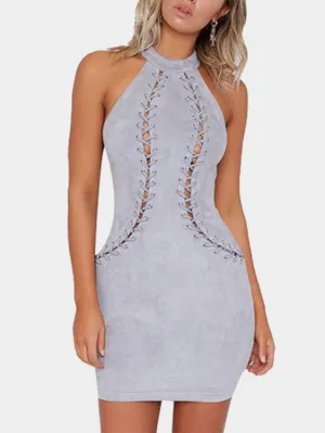 Wholesale Grey Halter Sleeveless Zip Back Lace-Up Bodycon Sexy Dress