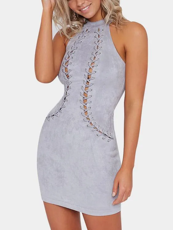 Wholesale Grey Halter Sleeveless Zip Back Lace-Up Bodycon Sexy Dress