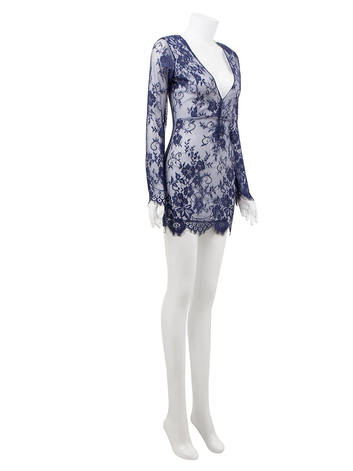 Wholesale Navy Deep V Neck Long Sleeve Lace Cut Out Bodycon Sexy Dress