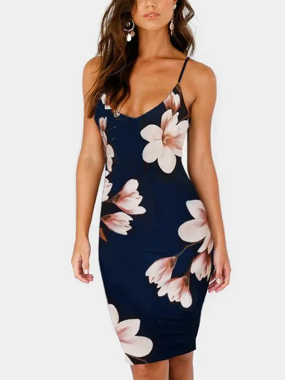 Wholesale Navy Halter Sleeveless Floral Print Backless V-Neck Sexy Dresses