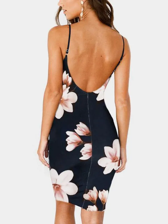 Wholesale Navy Halter Sleeveless Floral Print Backless V-Neck Sexy Dresses