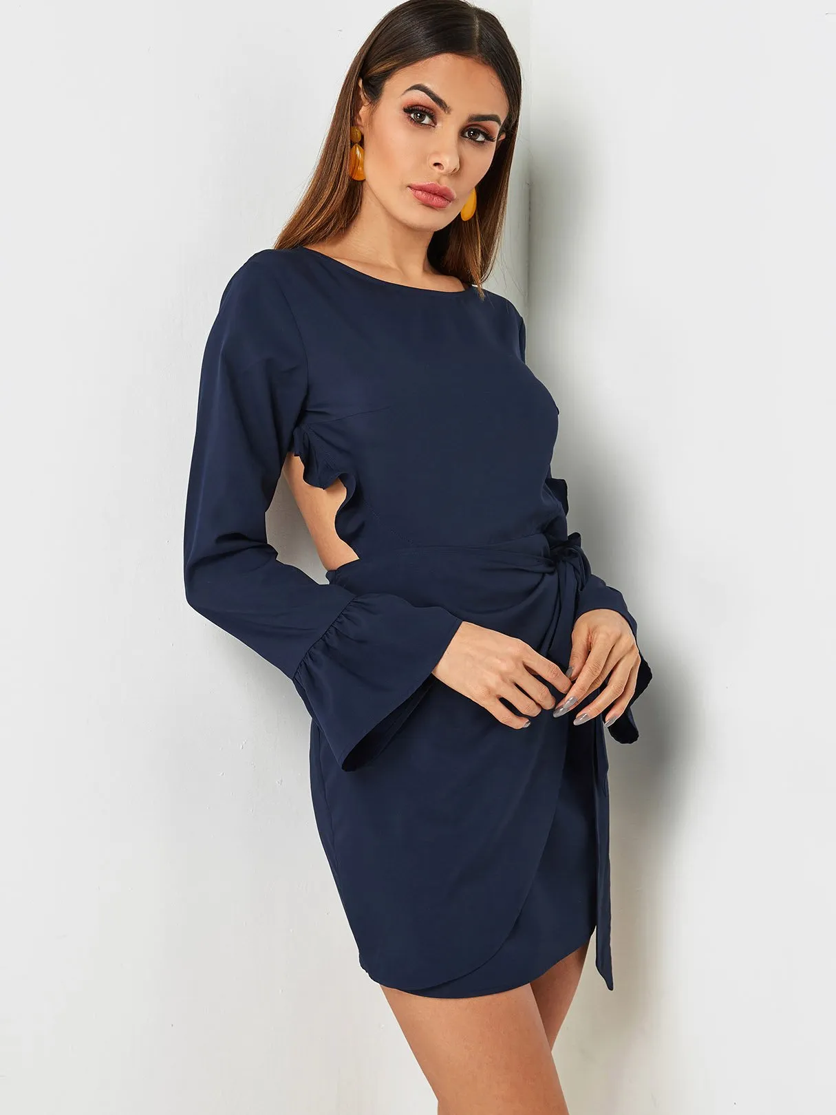 Wholesale Navy Round Neck Long Sleeve Backless Lace-Up Self-Tie Sexy Dresses