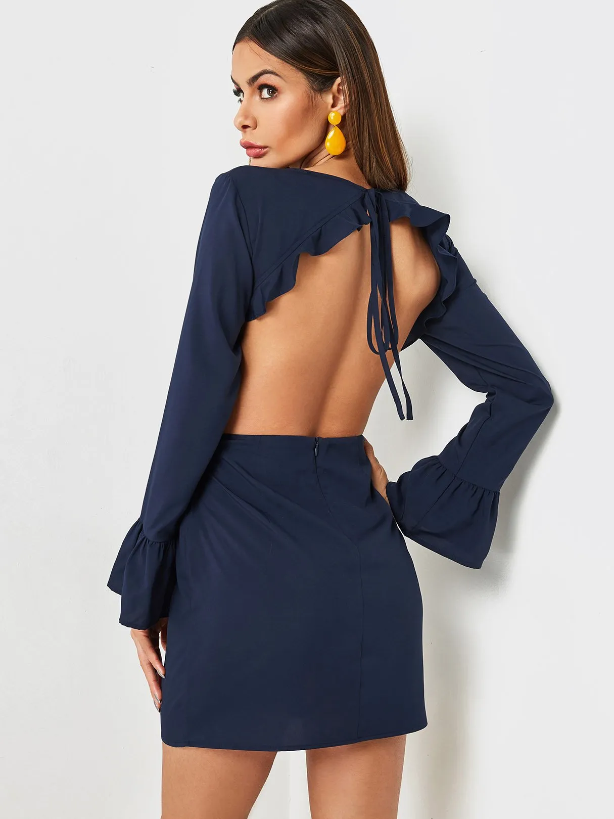 Wholesale Navy Round Neck Long Sleeve Backless Lace-Up Self-Tie Sexy Dresses