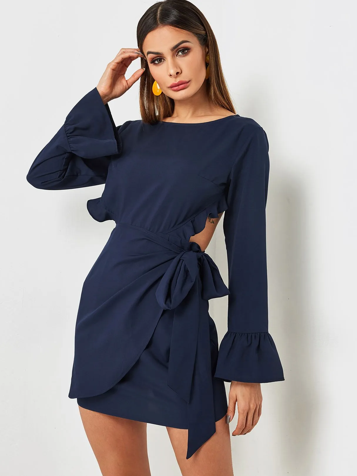 Wholesale Navy Round Neck Long Sleeve Backless Lace-Up Self-Tie Sexy Dresses