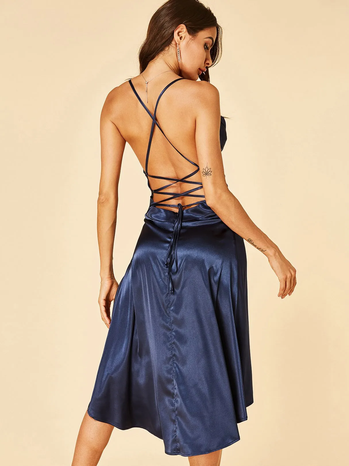 Wholesale Navy Sleeveless Plain Backless Lace-Up High-Low Hem Sexy Dress